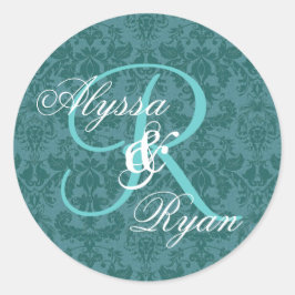 Anpassningsbar Monogram för Teal and Aqua Damask W Runt Klistermärke
