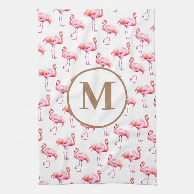 Anpassningsbar Monogram för tropical Flamingo Rosa Kökshandduk (Vertikal)