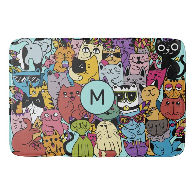 Anpassningsbar Monogram Funny Cats Illustration Badrumsmatta (Framsidan)