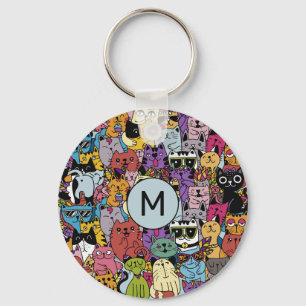Anpassningsbar Monogram Funny Cats Illustration Nyckelring