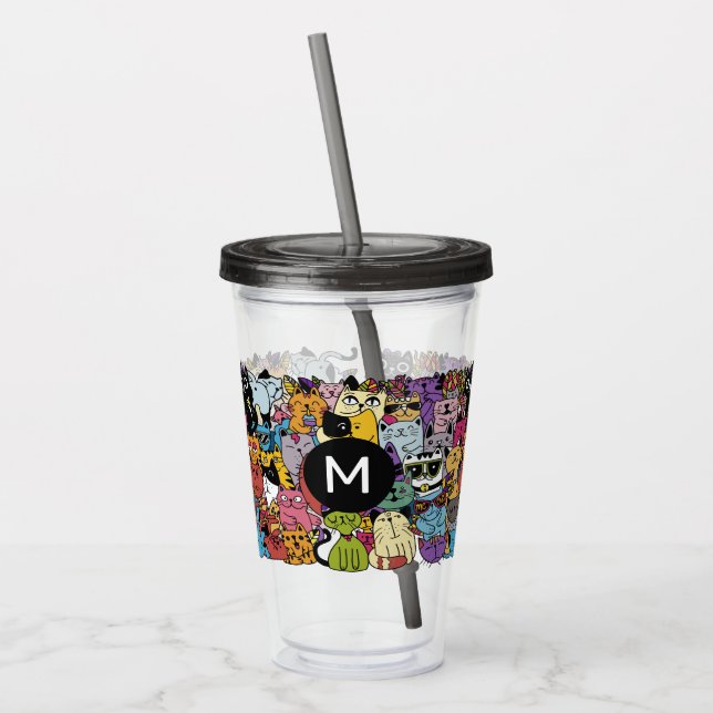 Anpassningsbar Monogram Funny Cats Illustration Take Away Mugg (Vänster)