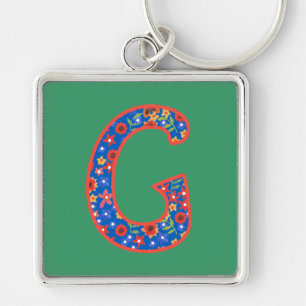 Anpassningsbar Monogram G-nyckelkedja, Ditsy-Blomm Fyrkantig Silverfärgad Nyckelring