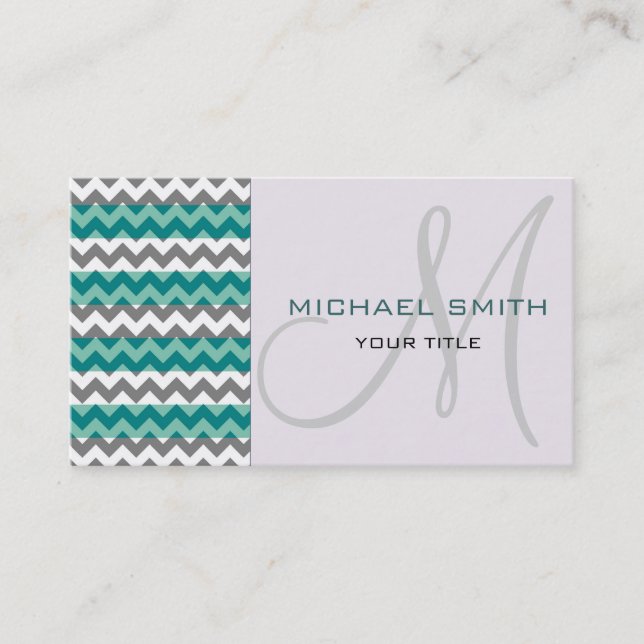 Anpassningsbar Monogram Grått Mint Chevron Zigzag  Visitkort (Framsida)