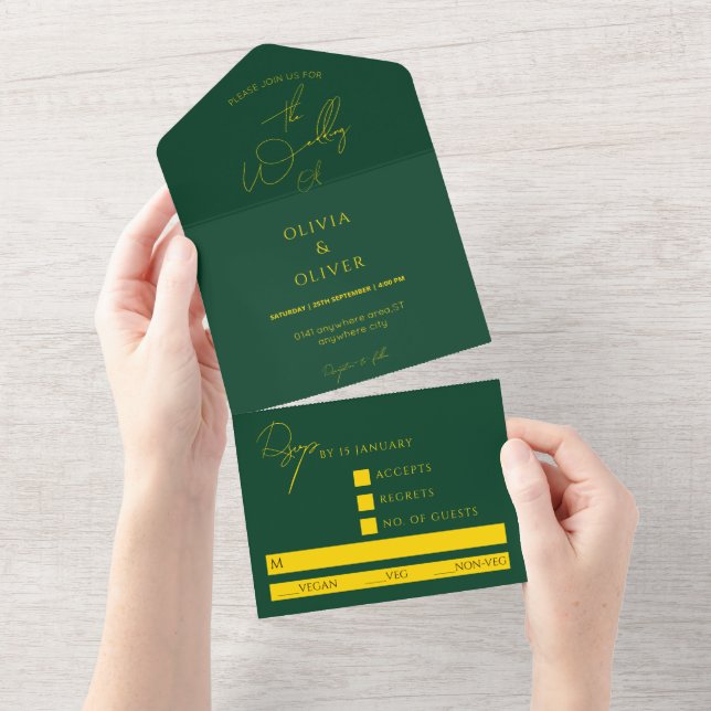 Anpassningsbar monogram grönt guld typografi bröll (Avrivbar del)