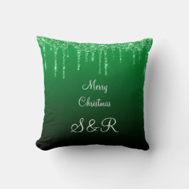 Anpassningsbar Monogram Grönt juldroppar Glitter Kudde