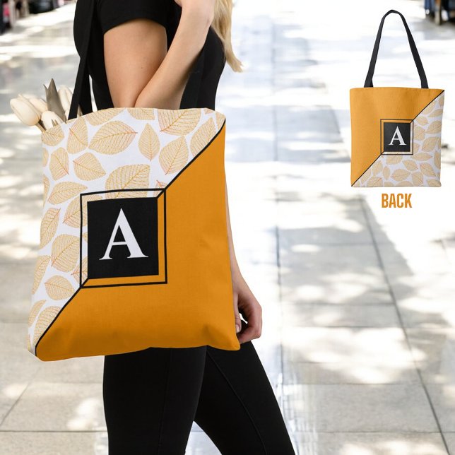 Anpassningsbar Monogram Guld Gult Löv Mönster diag Tygkasse (front and back shoulder tote bag design with initial letter monogram )