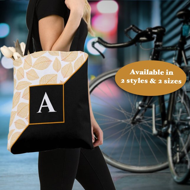 Anpassningsbar Monogram Guld Gult Löv Mönster diag Tygkasse (This easy to personalize diagonal designed tote is ready for personalization as a gift for for you. )