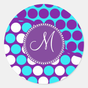 Anpassningsbar Monogram Initial Lila Polka dots Runt Klistermärke