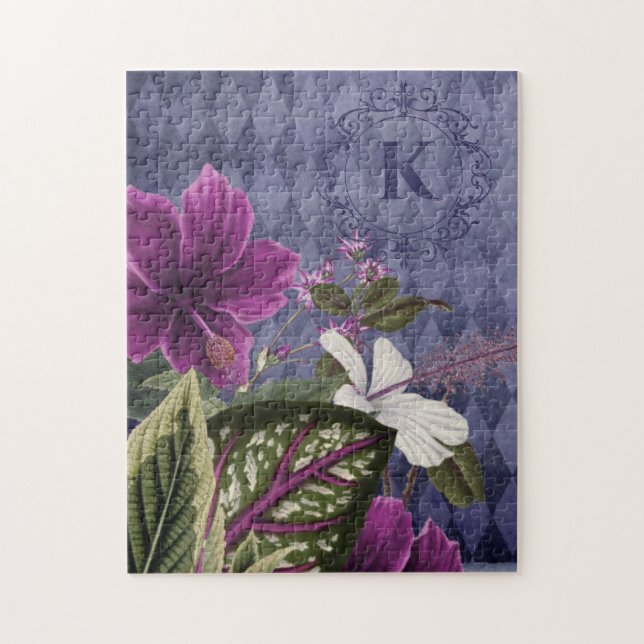 Anpassningsbar Monogram Lila Blommigt Pussel (Vertikal)