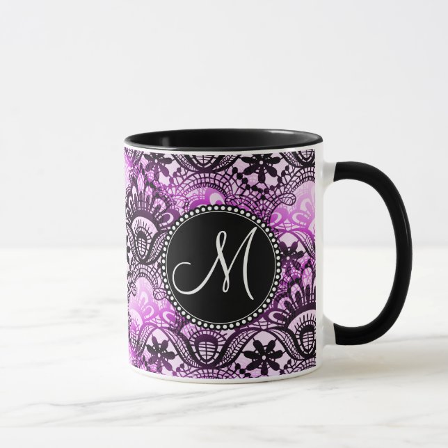 Anpassningsbar Monogram Lila Snöre Damask-mönster Mugg (Höger)