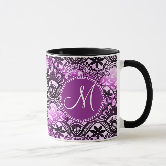 Anpassningsbar Monogram Lila Snöre Damask-mönster Mugg (Höger)