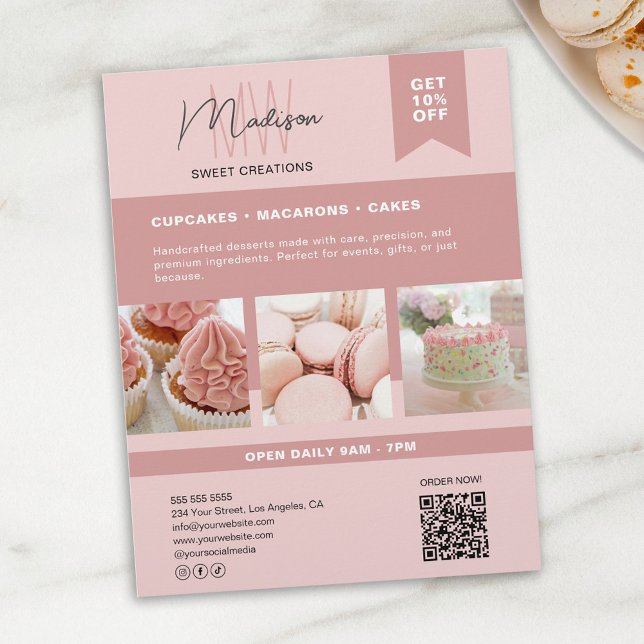 Anpassningsbar Monogram Logotyp Bakery Rosa Flyer (Custom Monogram Logo Bakery Pink Flyer)