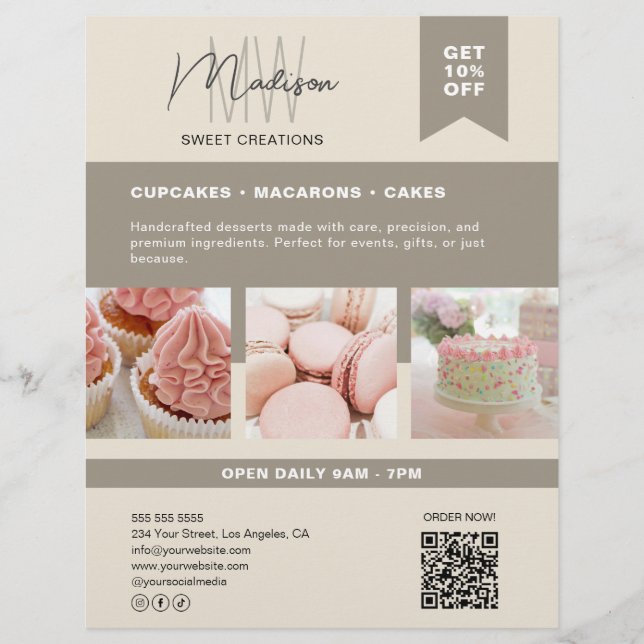 Anpassningsbar Monogram Logotyp Beige Bakery Flyer (Framsidan)