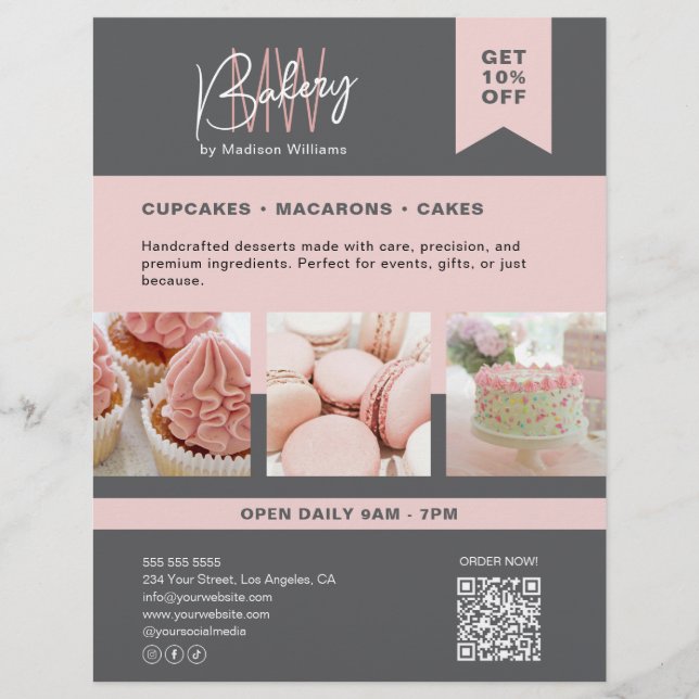 Anpassningsbar Monogram Logotyp Grått Rosa Flyer (Framsidan)