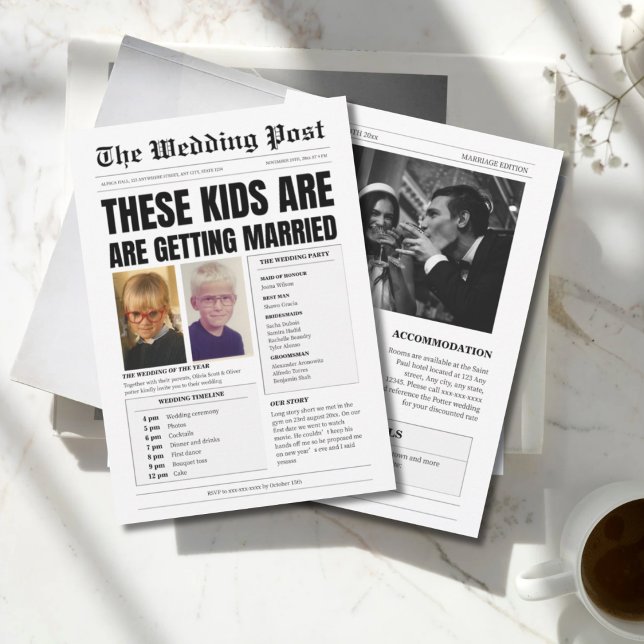 Anpassningsbar monogram, lustig tidning bröllop inbjudningar (Skapare uppladdad)