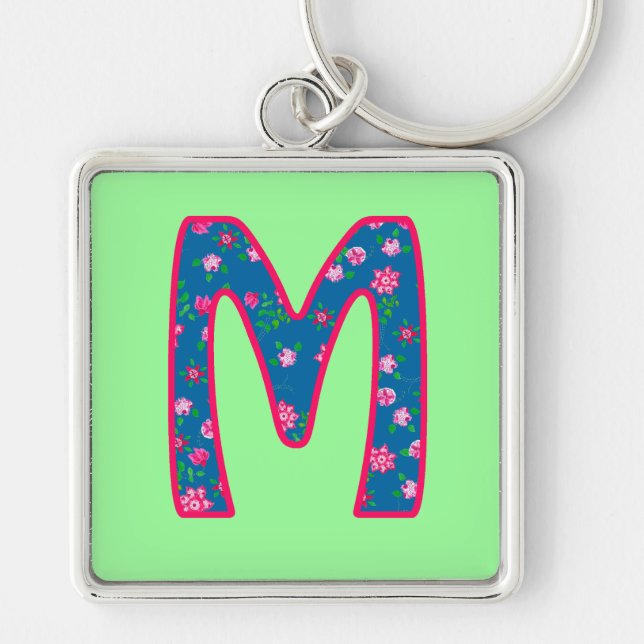 Anpassningsbar Monogram M Keychain, Ditsy-Blommöns Fyrkantig Silverfärgad Nyckelring (Framsidan)