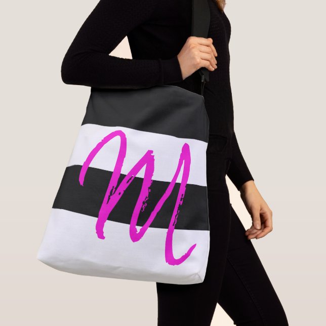 Anpassningsbar Monogram M Stripe Mönster Black Whi Axelväska (Närbild)