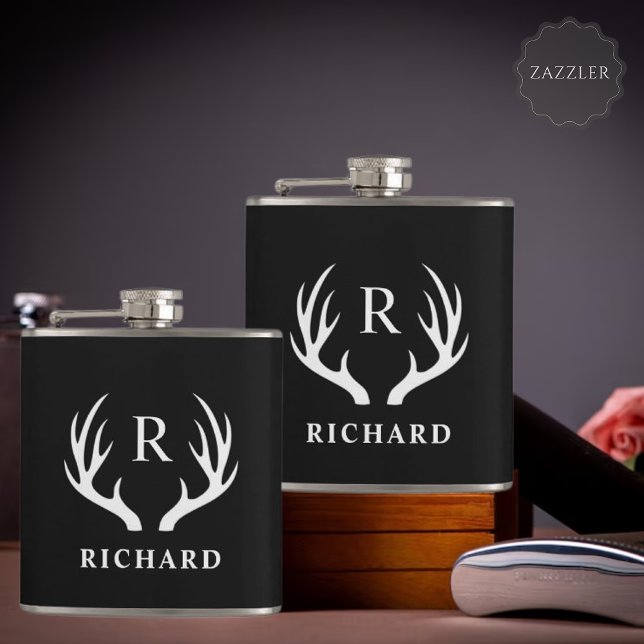Anpassningsbar Monogram med Black White Hjort Antl Fickplunta (Custom Monogram with Black White Deer Antler Flask)
