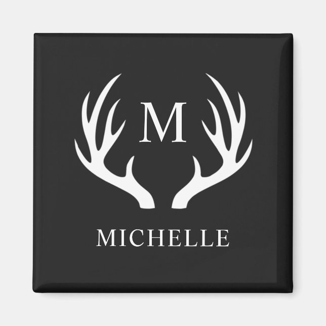 Anpassningsbar Monogram med Black White Hjort Antl Magnet (Framsidan)