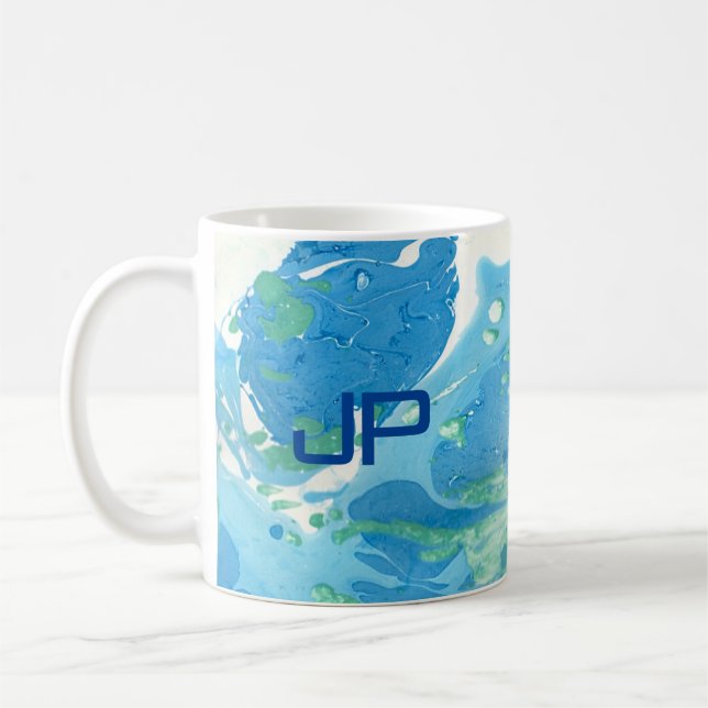 Anpassningsbar Monogram Modern Abstrakt Art Blue Kaffemugg (Vänster)