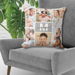 Anpassningsbar Monogram Multi Photo Collage Family Kudde<br><div class="desc">Personlig Initial Namn Anpassningsbar Monogram Multi Photo Collage Family Dekorativ kudde. Skapa en mysigt och personlig keepy med den här anpassningsbarnas fotosamlingskudde, designad för att fira omhuldade minnen. Med en grått-låda i mitten med en skarp vit inledning och ett svart elegant-skript namn, erbjuder designen 6 anpassaden fotoutrymmen runt monogrammet. Perfekt...</div>