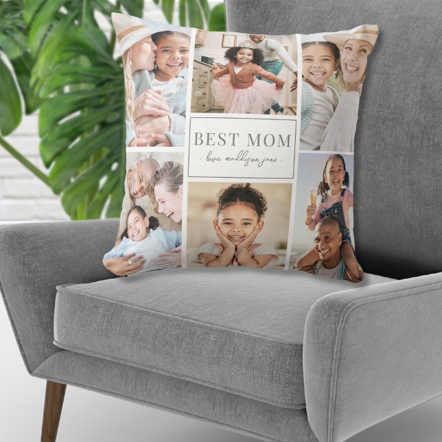 Anpassningsbar Monogram Multi Photo Collage Family Kudde (Custom Monogram Multi Photo Collage Family Throw Pillow )