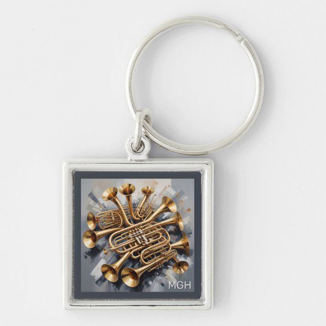 Anpassningsbar Monogram musikinstrument Fyrkantig Silverfärgad Nyckelring (Framsidan)