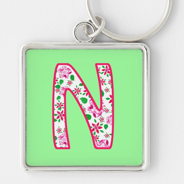 Anpassningsbar Monogram N Keychain, Ditsy-Blommöns Fyrkantig Silverfärgad Nyckelring (Framsidan)