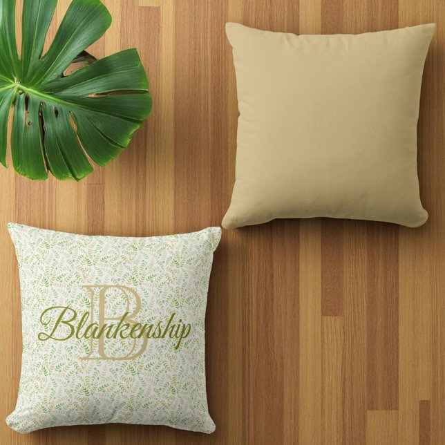 Anpassningsbar Monogram Namn Fern Mönster Solid Kh Kudde (front monogram and back solid color throw pillow)