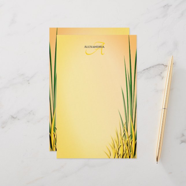 Anpassningsbar Monogram Namn Grass Gräns Stationer Brevpapper (Fram/Back In Situ)