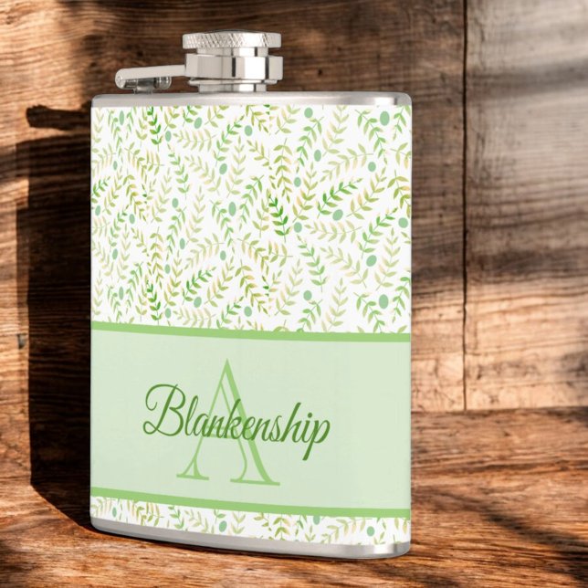 Anpassningsbar Monogram Namn, natur Fern Löv Mönst Fickplunta (flask on angle with name and initial letter monogram )