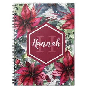 Anpassningsbar Monogram Namn Red Poinsettia Anteckningsbok