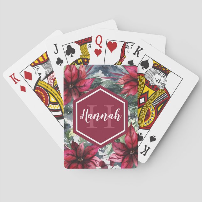 Anpassningsbar Monogram Namn Red Poinsettia Casinokort (Baksidan)