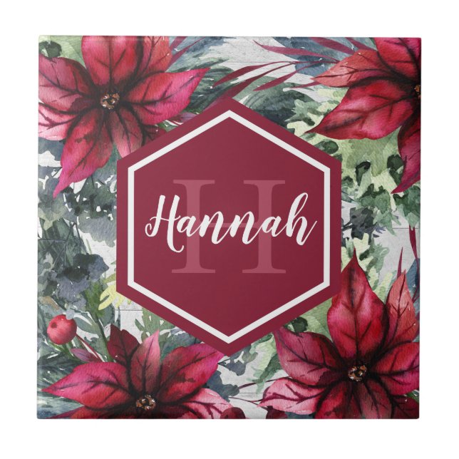 Anpassningsbar Monogram Namn Red Poinsettia Kakelplatta (Framsidan)