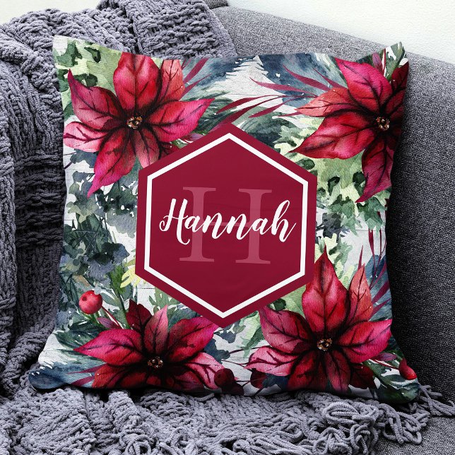 Anpassningsbar Monogram Namn Red Poinsettia Kudde (Skapare uppladdad)