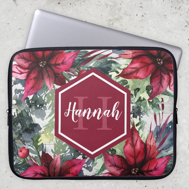 Anpassningsbar Monogram Namn Red Poinsettia Laptop Fodral (Skapare uppladdad)