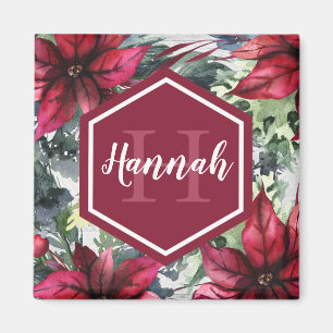Anpassningsbar Monogram Namn Red Poinsettia Magnet