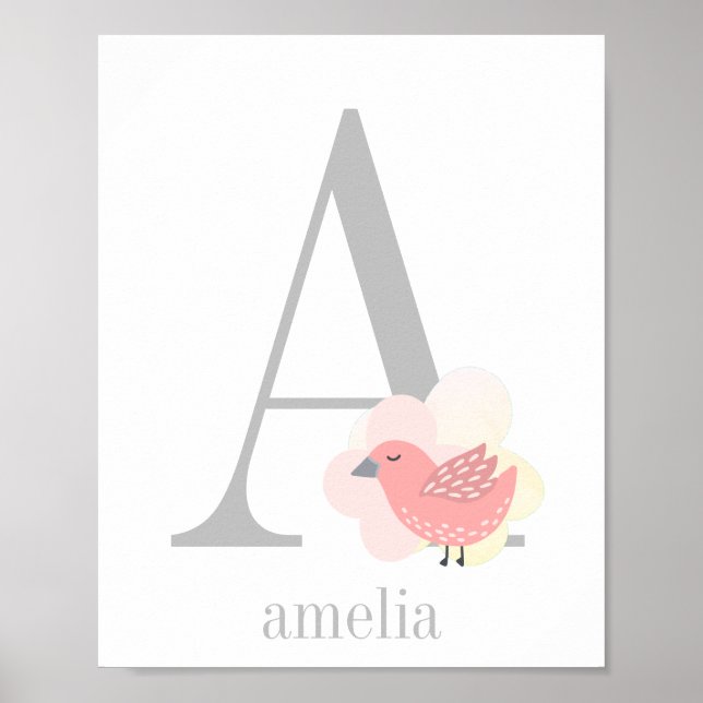 Anpassningsbar Monogram Namn Rosa Bird Girl Nurser Poster (Framsidan)