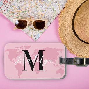 Anpassningsbar Monogram Namn Rosa Karta World Trav Bagagebricka