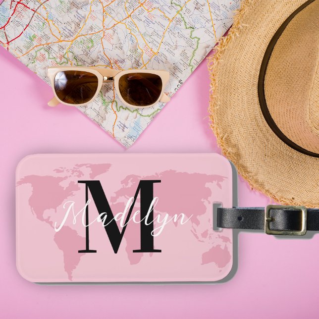 Anpassningsbar Monogram Namn Rosa Karta World Trav Bagagebricka (Skapare uppladdad)