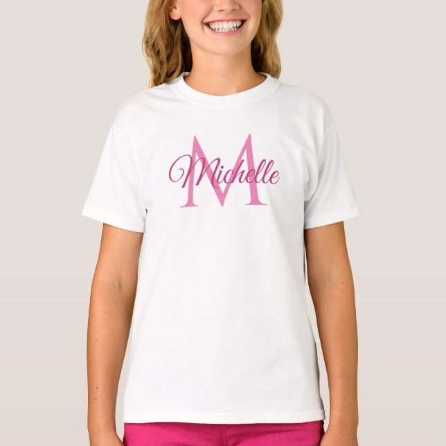 Anpassningsbar Monogram Namn White och Rosa Girls T Shirt (Framsida)