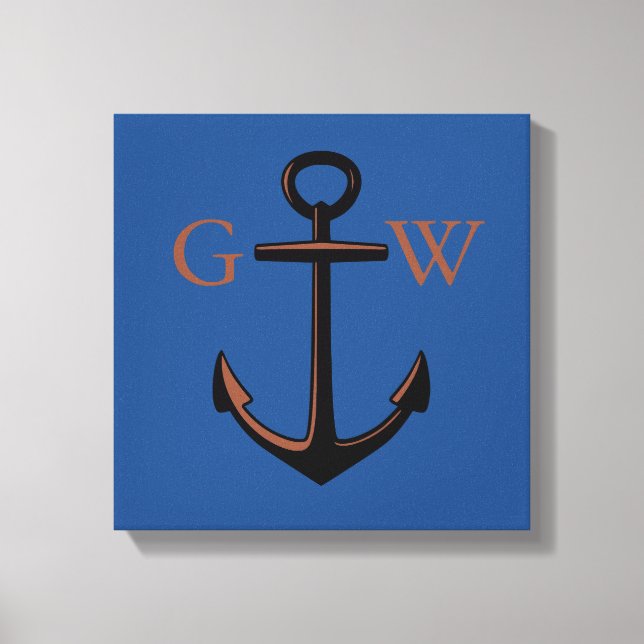 Anpassningsbar Monogram Nautical Anchor and Line Canvastryck (Framsida)