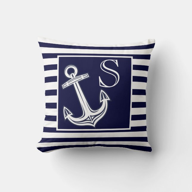Anpassningsbar Monogram Nautical Anchor Navy Blue  Kudde (Framsida)