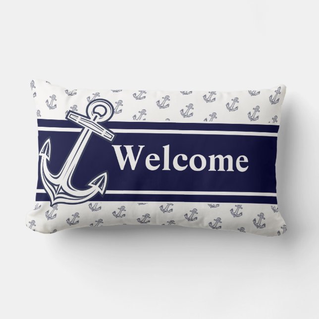Anpassningsbar Monogram Nautical Anchor Navy Blue  Lumbarkudde (Framsida)