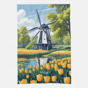 Anpassningsbar Monogram Netherlands Windmills Kökshandduk