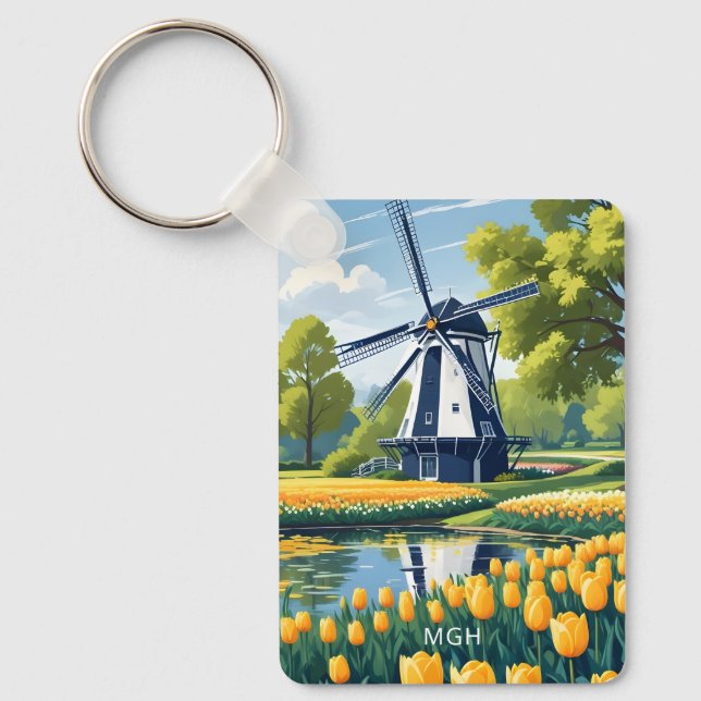 Anpassningsbar Monogram Netherlands Windmills Nyckelring (Framsida)