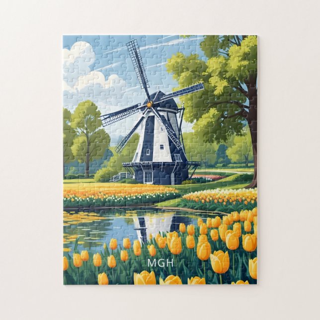 Anpassningsbar Monogram Netherlands Windmills Pussel (Vertikal)