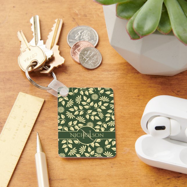 Anpassningsbar Monogram och Namn Pastel Löv Blommi Nyckelring (Skrivbord)