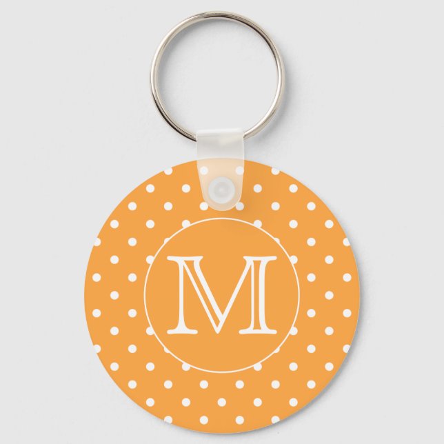 Anpassningsbar Monogram. Orange och vit polkadot. Nyckelring (Framsida)