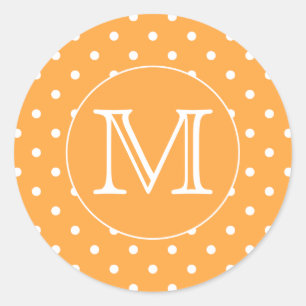 Anpassningsbar Monogram. Orange och vit polkadot. Runt Klistermärke